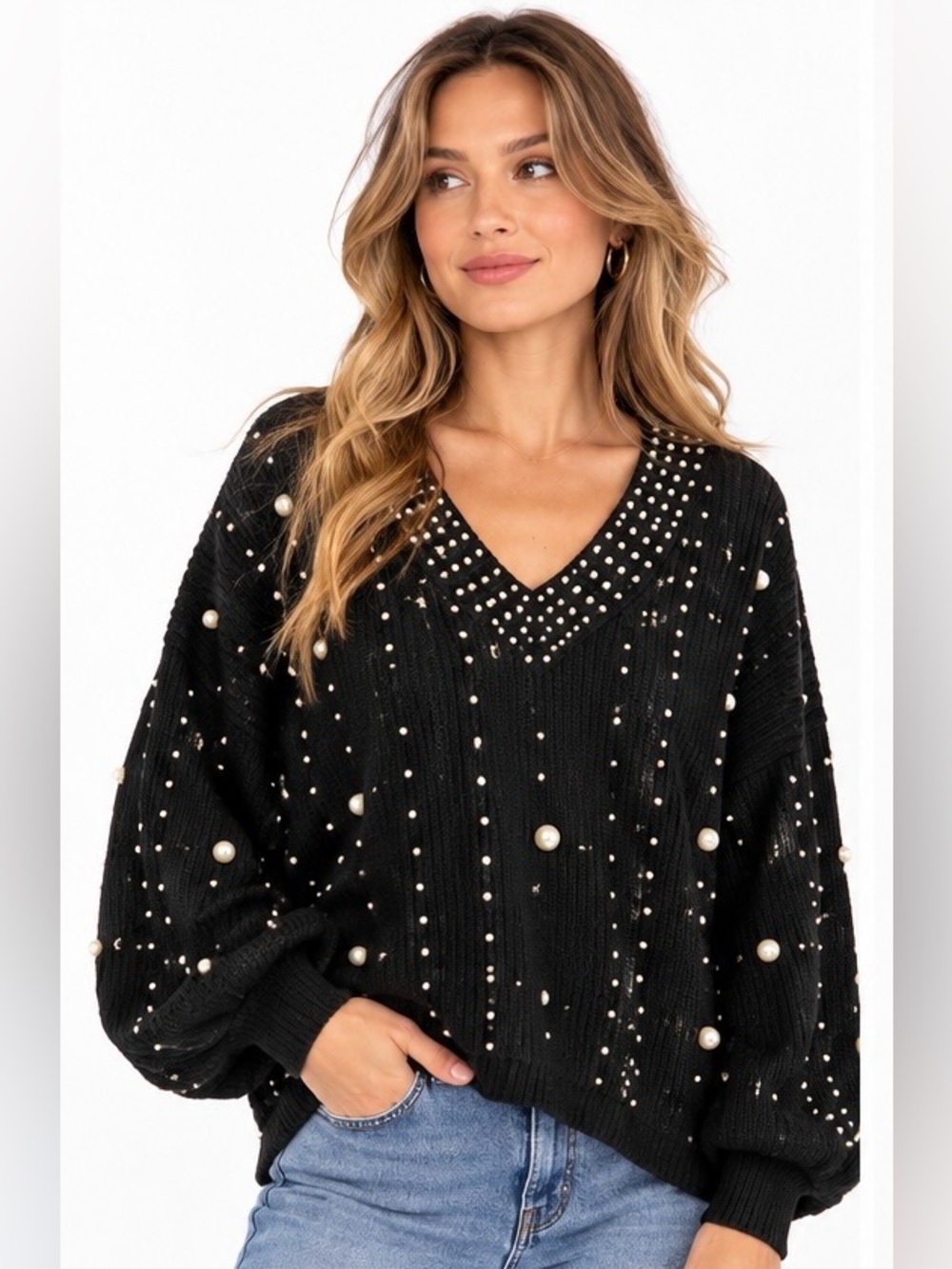 POL Black Pearl Embellished Oversized V-Neck Sweater Size L